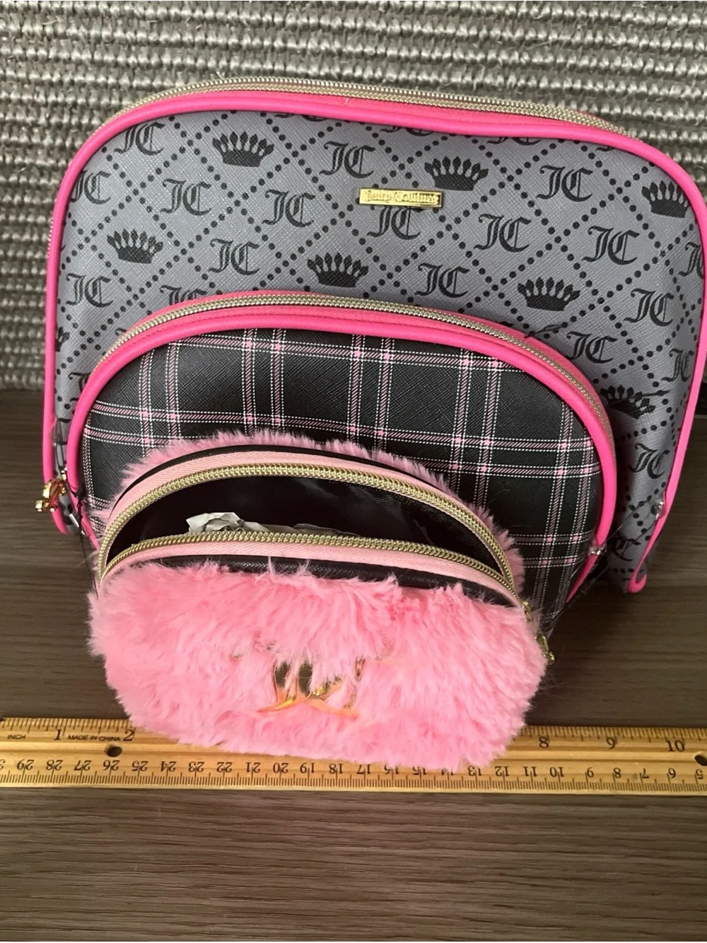 Juicy Couture Pink and Gray Faux-Fur Cosmetic Bag Set